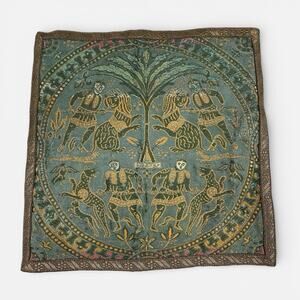 Antique Tapestry Asian Hunters Warriors Dragon Animal 11”x11” Early 1900s